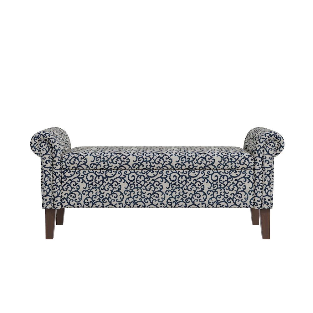 Rolled Arm Storage Ottoman in Black Curly Vine. Picture 1
