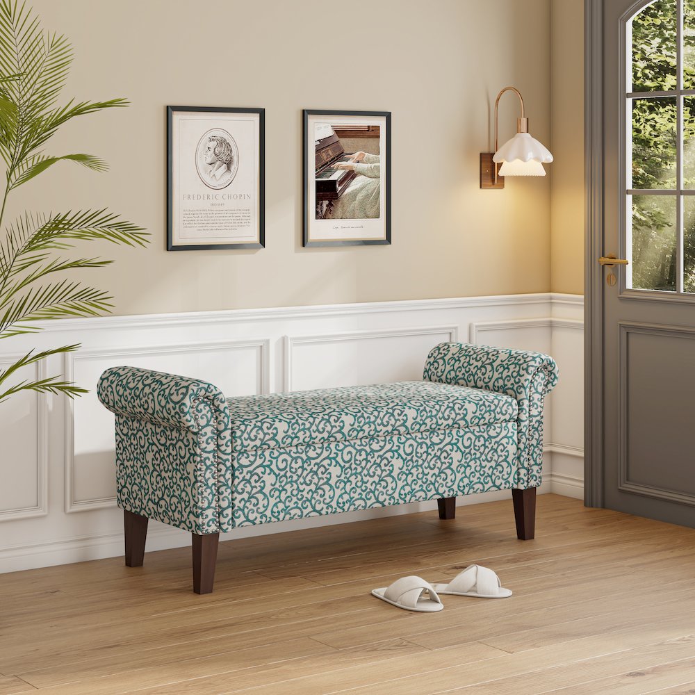 Rolled Arm Storage Ottoman in Blue Curly Vine. Picture 8