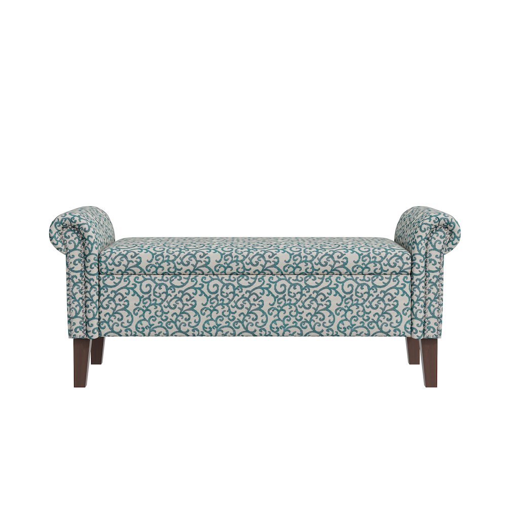 Rolled Arm Storage Ottoman in Blue Curly Vine. Picture 1