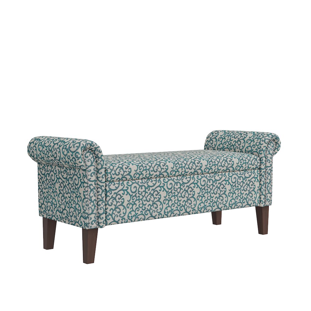 Rolled Arm Storage Ottoman in Blue Curly Vine. Picture 2