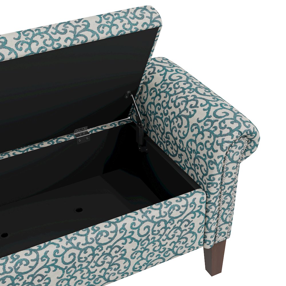 Rolled Arm Storage Ottoman in Blue Curly Vine. Picture 5