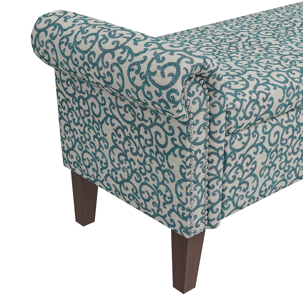 Rolled Arm Storage Ottoman in Blue Curly Vine. Picture 6