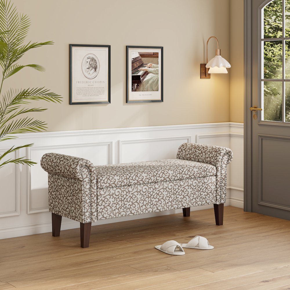 Rolled Arm Storage Ottoman in Tan Curly Vine. Picture 8