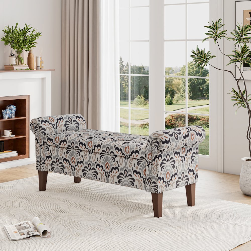 Rolled Arm Storage Ottoman in Gray and Black Damask. Picture 8