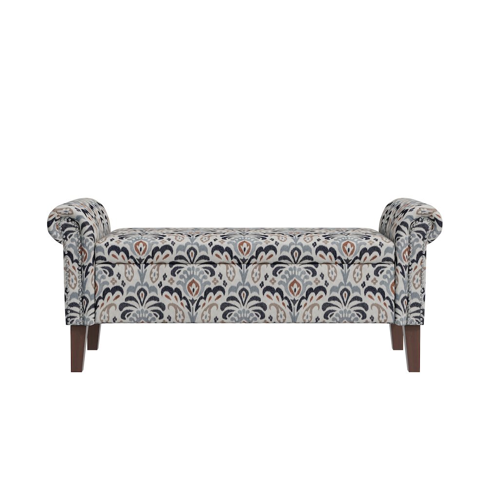 Rolled Arm Storage Ottoman in Gray and Black Damask. Picture 1