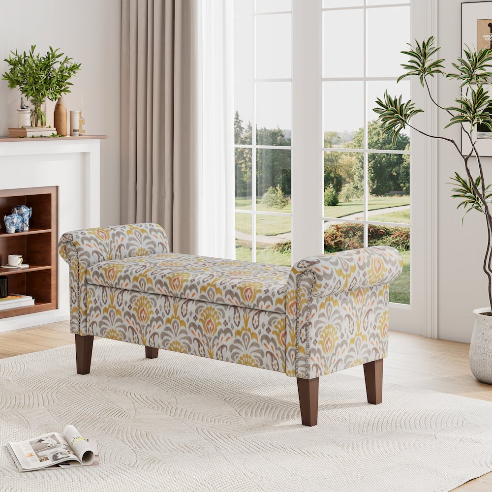 Rolled Arm Storage Ottoman in Orange and Gray Damask. Picture 8