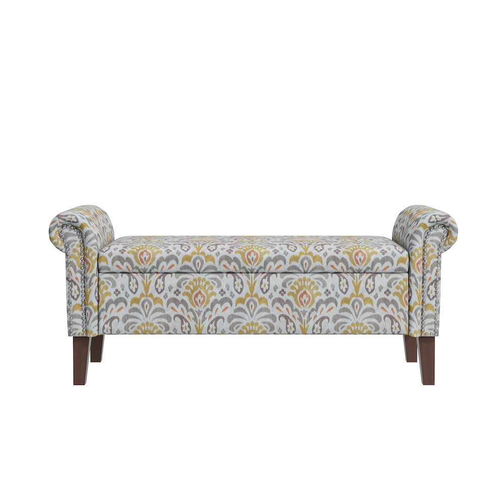 Rolled Arm Storage Ottoman in Orange and Gray Damask. Picture 1