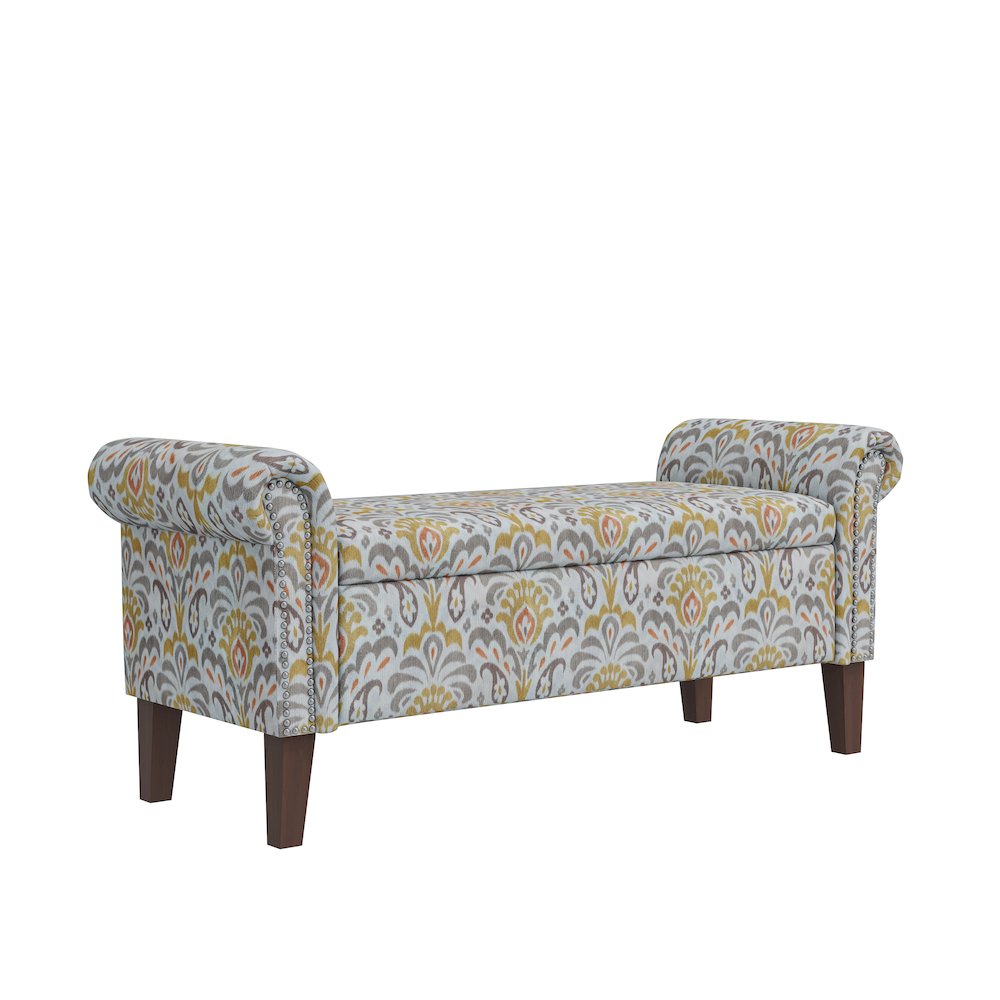 Rolled Arm Storage Ottoman in Orange and Gray Damask. Picture 2