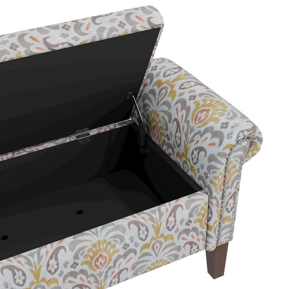 Rolled Arm Storage Ottoman in Orange and Gray Damask. Picture 5