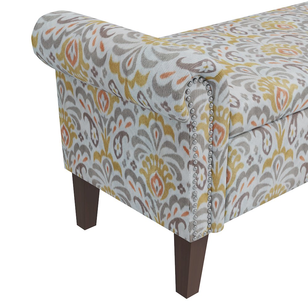 Rolled Arm Storage Ottoman in Orange and Gray Damask. Picture 6