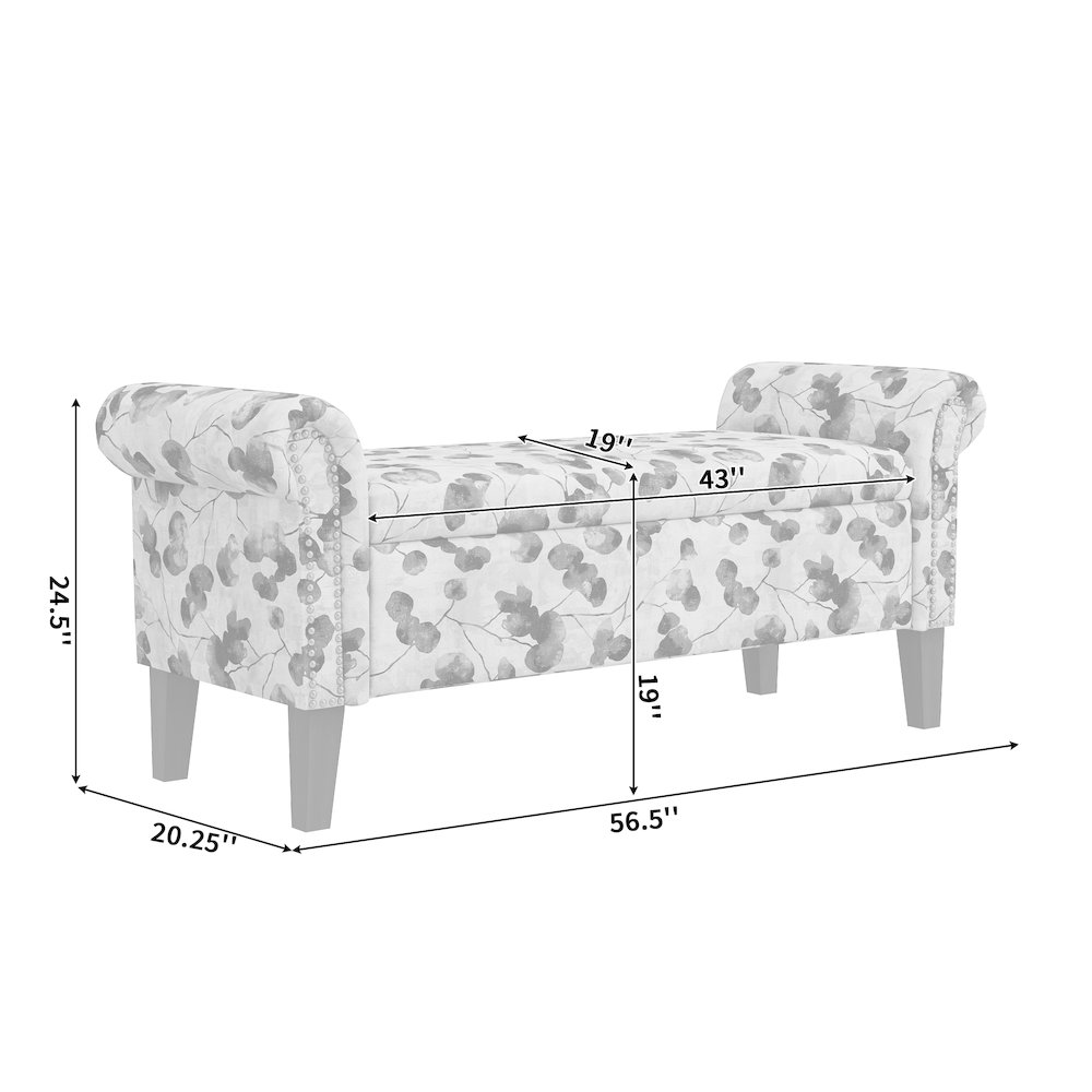 Rolled Arm Storage Ottoman in Orange and Gray Damask. Picture 7