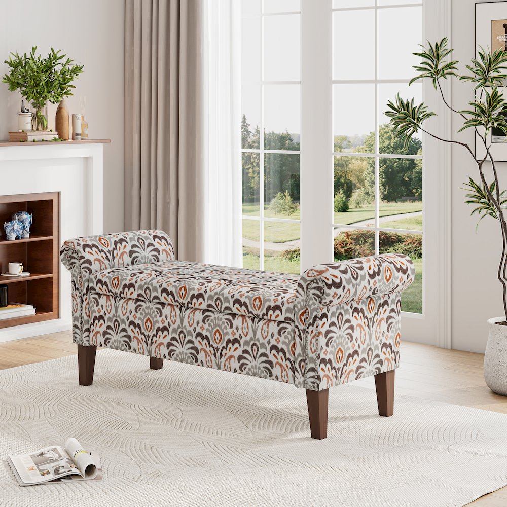 Rolled Arm Storage Ottoman in Amber and Gray Damask. Picture 8