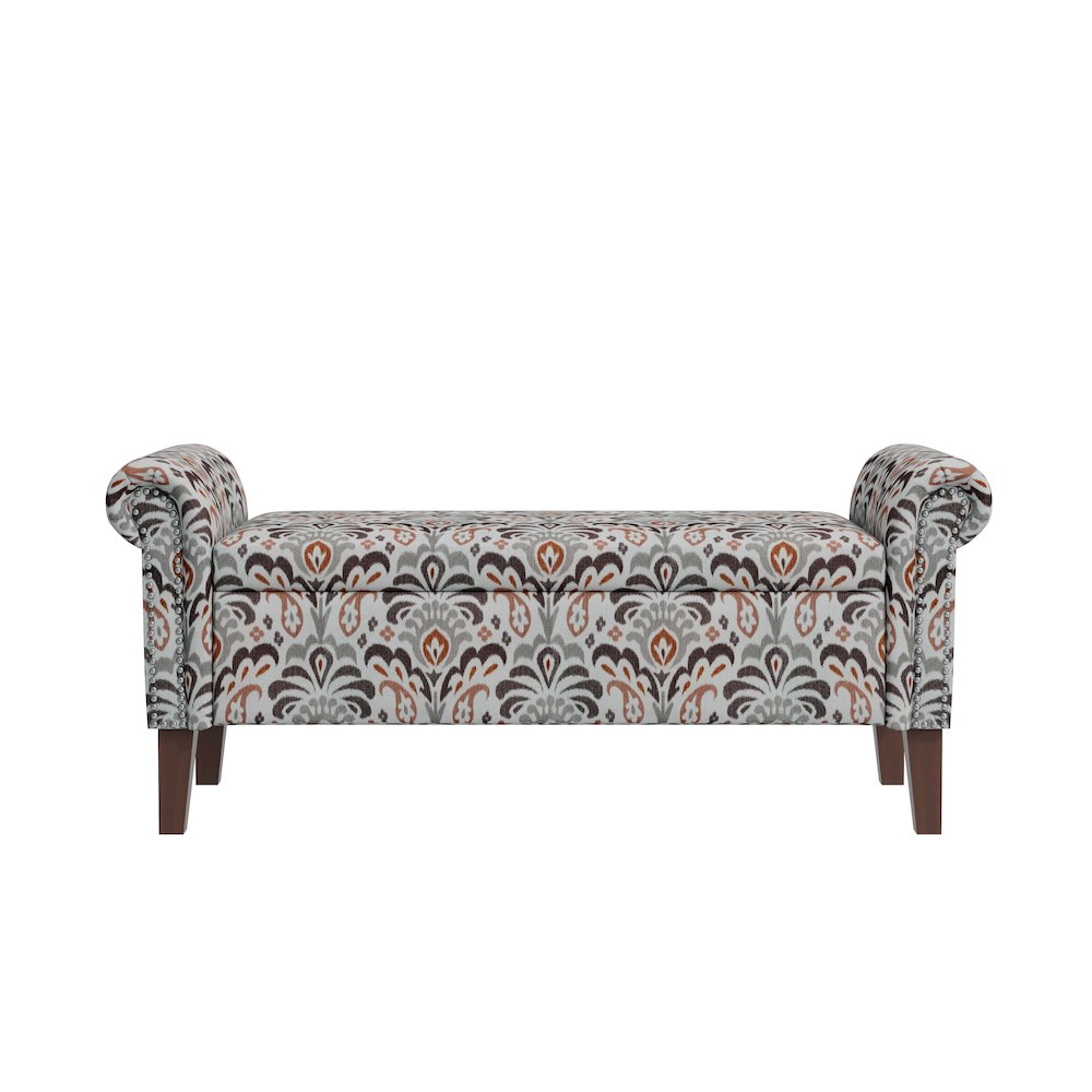 Rolled Arm Storage Ottoman in Amber and Gray Damask. Picture 1