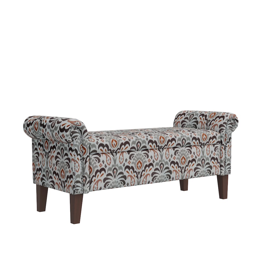 Rolled Arm Storage Ottoman in Amber and Gray Damask. Picture 2