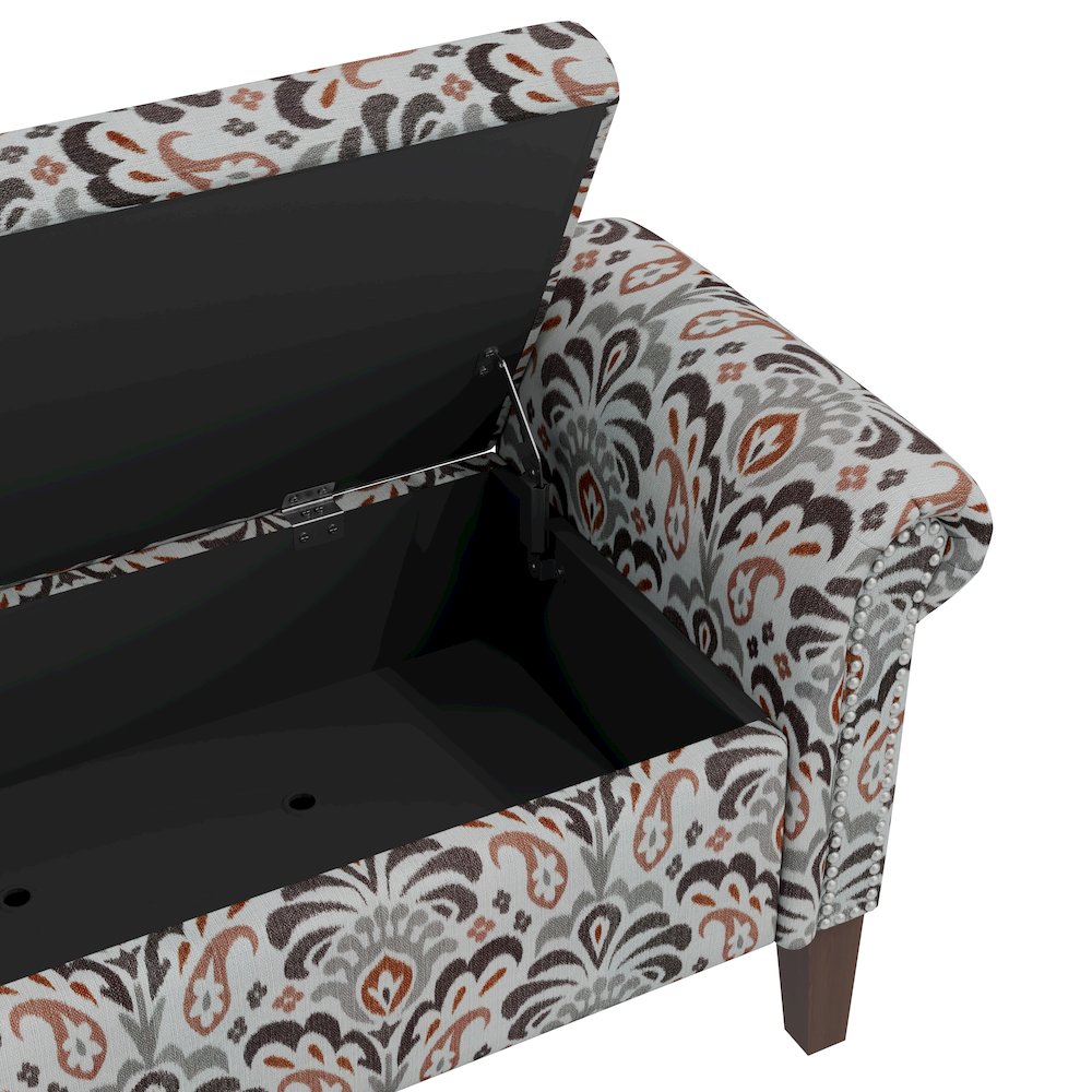 Rolled Arm Storage Ottoman in Amber and Gray Damask. Picture 5
