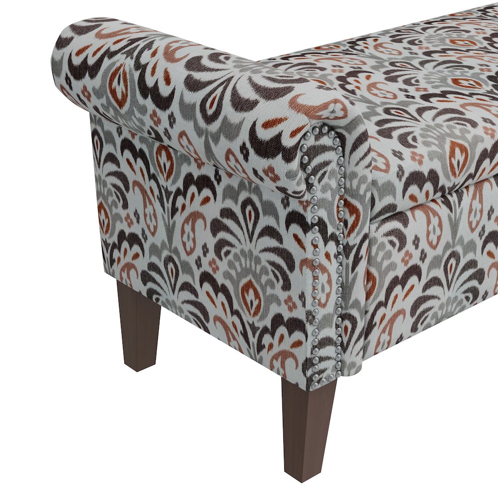 Rolled Arm Storage Ottoman in Amber and Gray Damask. Picture 6