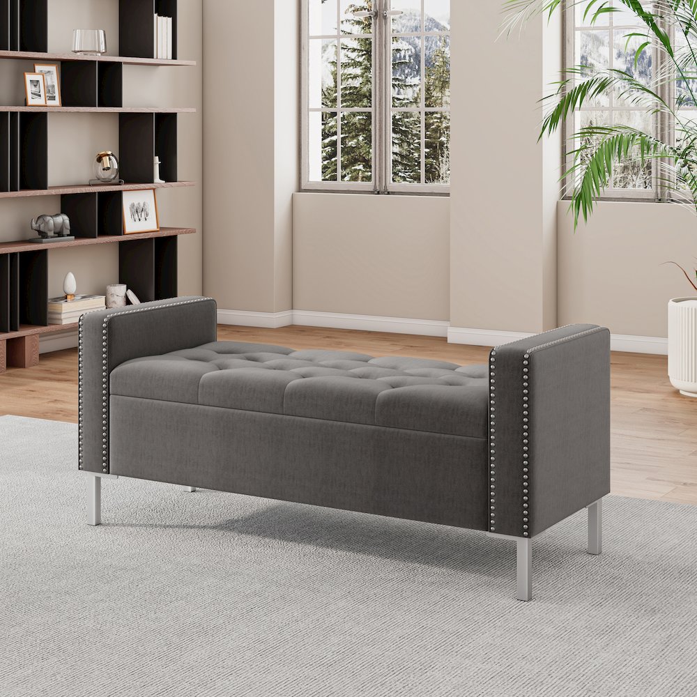 Square Arm Tufted Storage Ottoman in Charcoal Gray Velvet. Picture 8