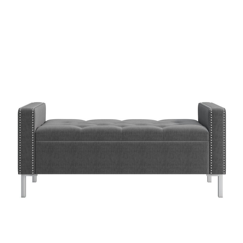 Square Arm Tufted Storage Ottoman in Charcoal Gray Velvet. Picture 1