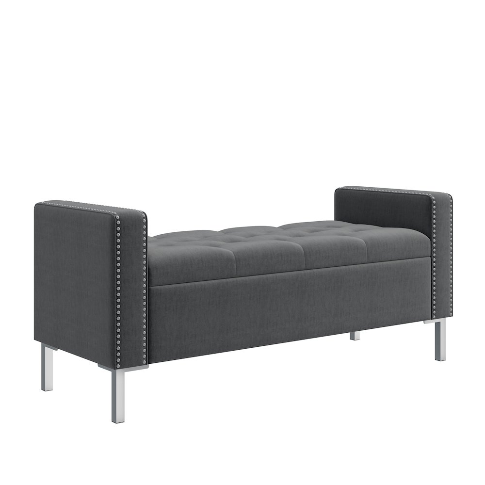 Square Arm Tufted Storage Ottoman in Charcoal Gray Velvet. Picture 2