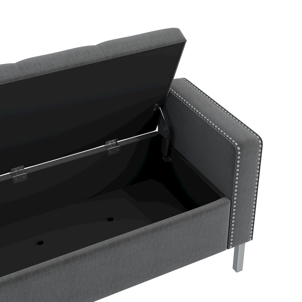 Square Arm Tufted Storage Ottoman in Charcoal Gray Velvet. Picture 5