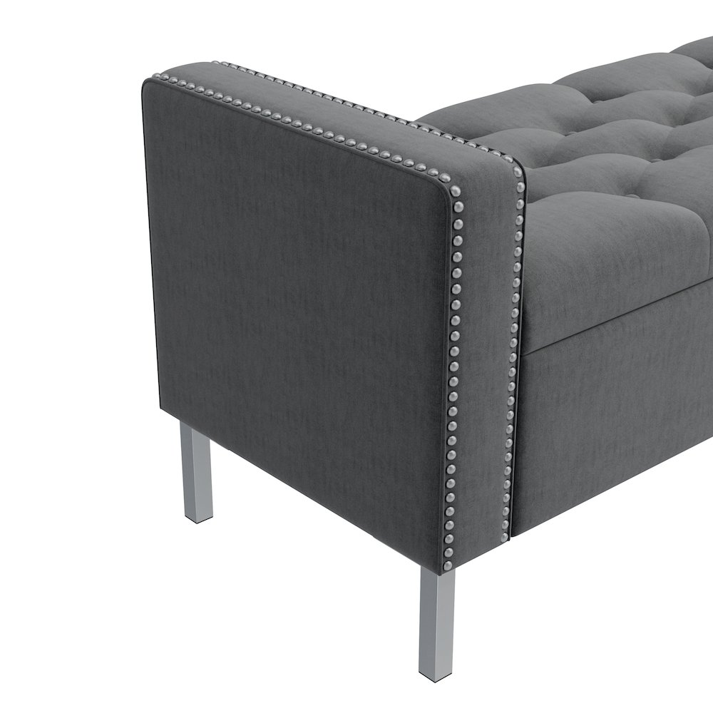 Square Arm Tufted Storage Ottoman in Charcoal Gray Velvet. Picture 6