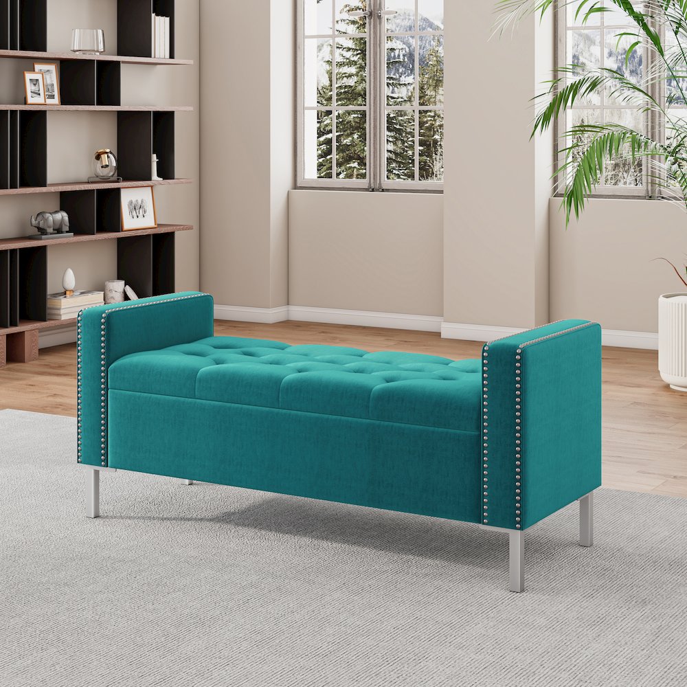 Square Arm Tufted Storage Ottoman in Sky Blue Velvet. Picture 8