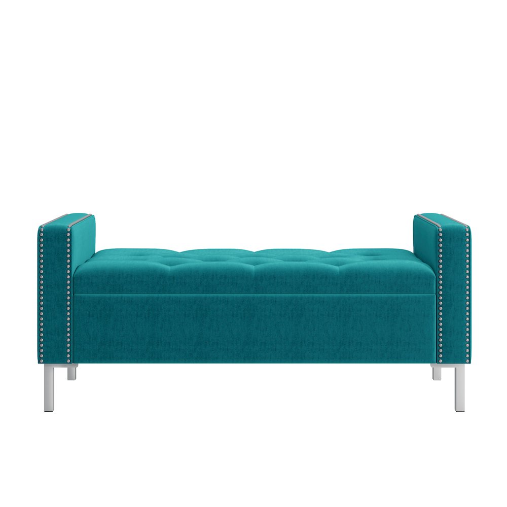 Square Arm Tufted Storage Ottoman in Sky Blue Velvet. Picture 1