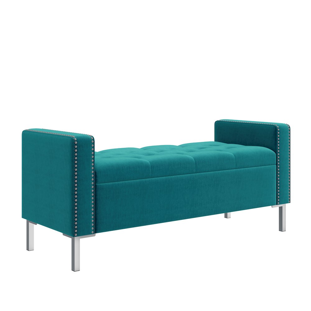 Square Arm Tufted Storage Ottoman in Sky Blue Velvet. Picture 2