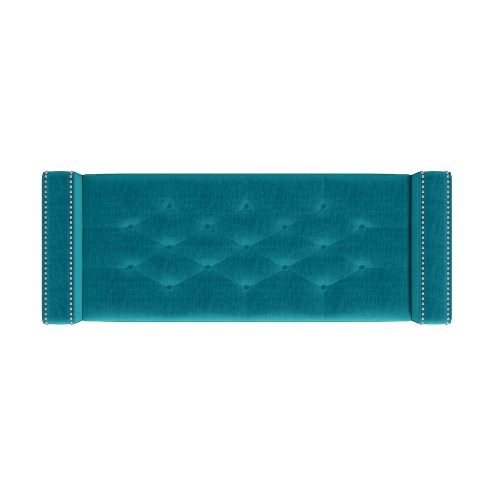 Square Arm Tufted Storage Ottoman in Sky Blue Velvet. Picture 4