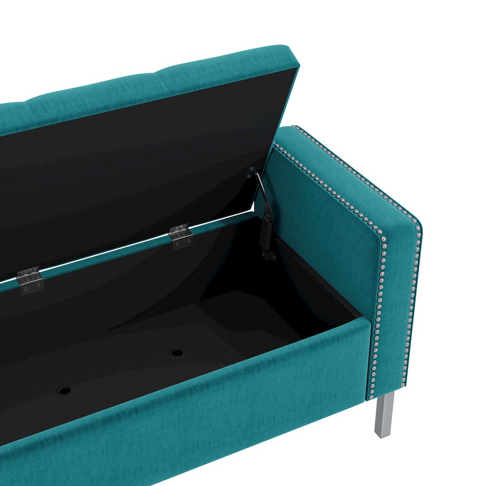 Square Arm Tufted Storage Ottoman in Sky Blue Velvet. Picture 5