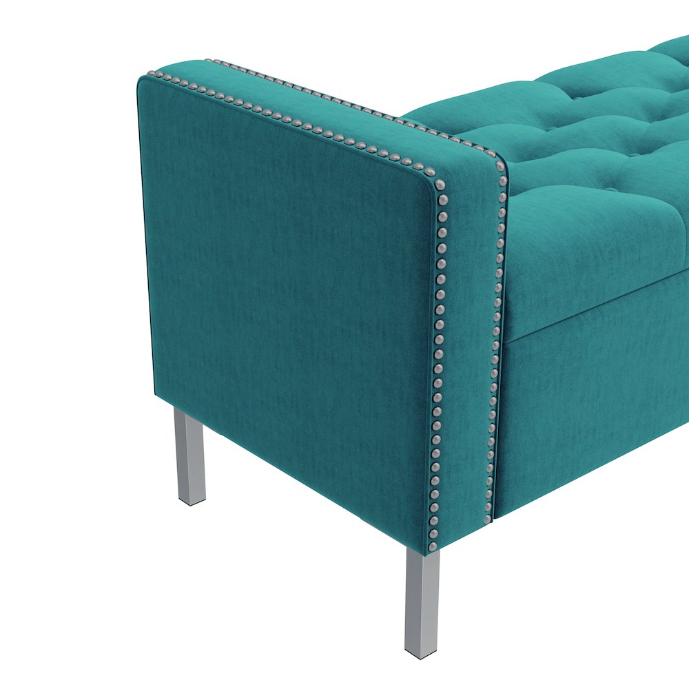 Square Arm Tufted Storage Ottoman in Sky Blue Velvet. Picture 6