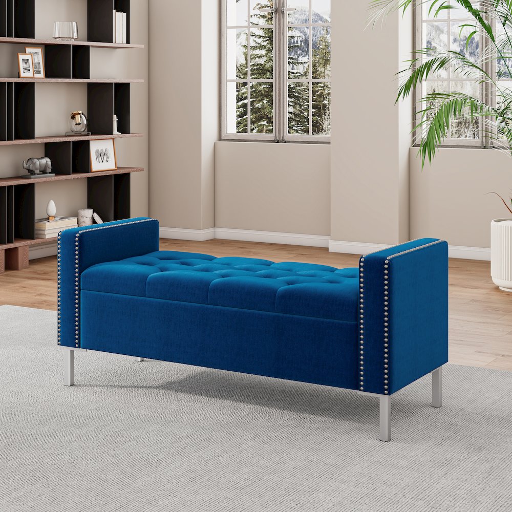 Square Arm Tufted Storage Ottoman in Navy Blue Velvet. Picture 8