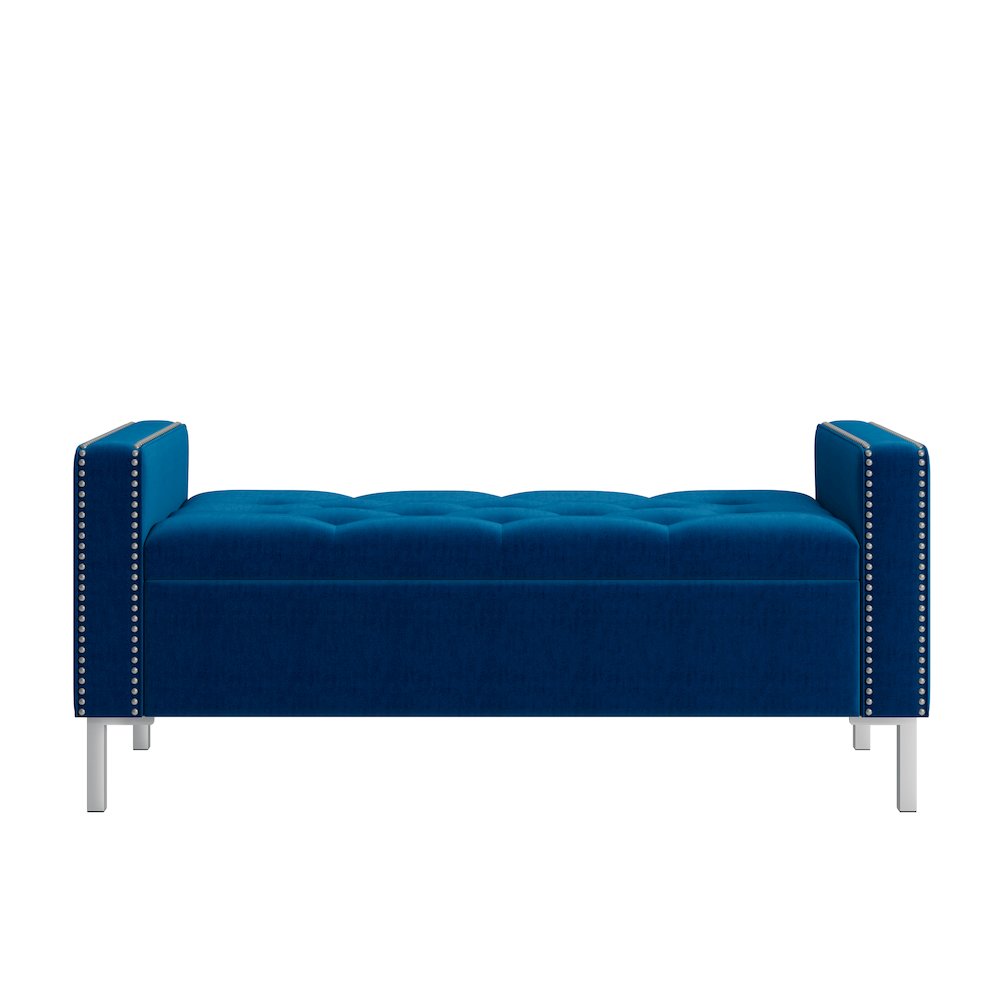 Square Arm Tufted Storage Ottoman in Navy Blue Velvet. Picture 1