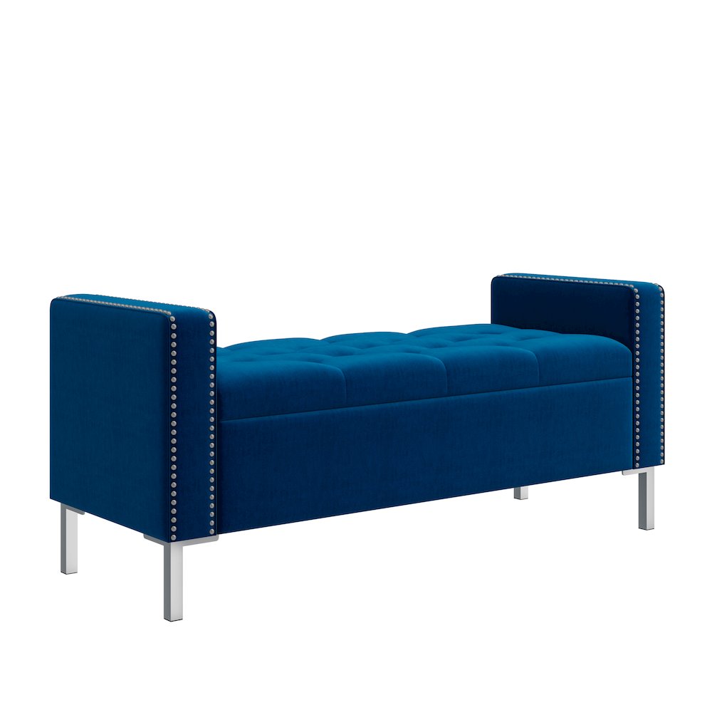 Square Arm Tufted Storage Ottoman in Navy Blue Velvet. Picture 2