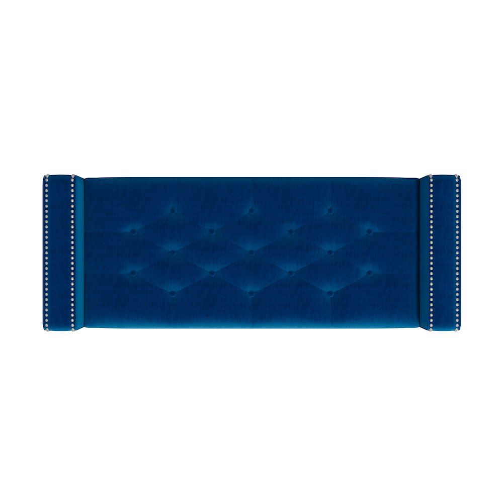 Square Arm Tufted Storage Ottoman in Navy Blue Velvet. Picture 4
