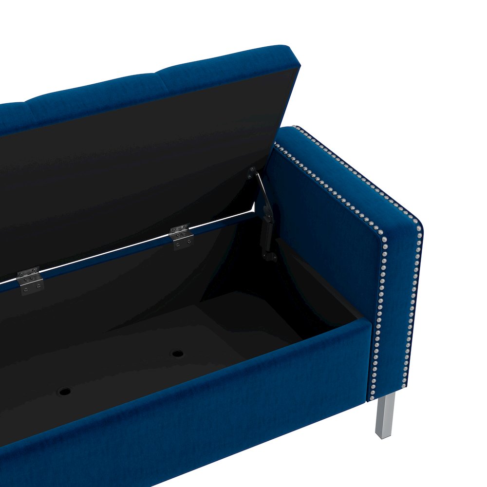 Square Arm Tufted Storage Ottoman in Navy Blue Velvet. Picture 5