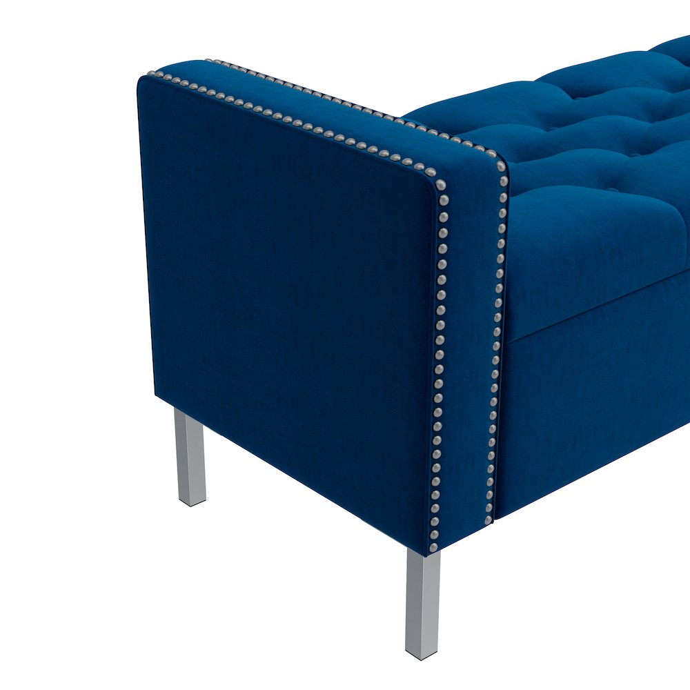 Square Arm Tufted Storage Ottoman in Navy Blue Velvet. Picture 6