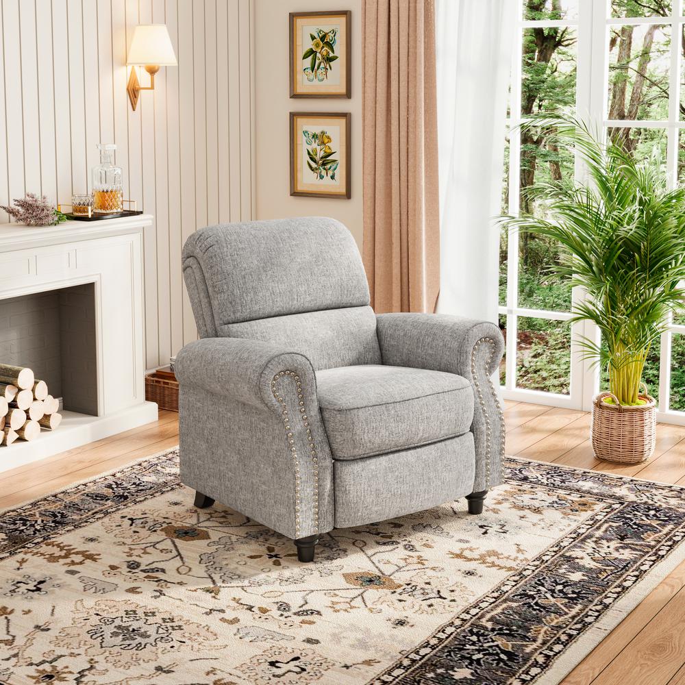 ProLounger Bustle-Back Pushback Recliner with Nailheads in Grey Chenille. Picture 8