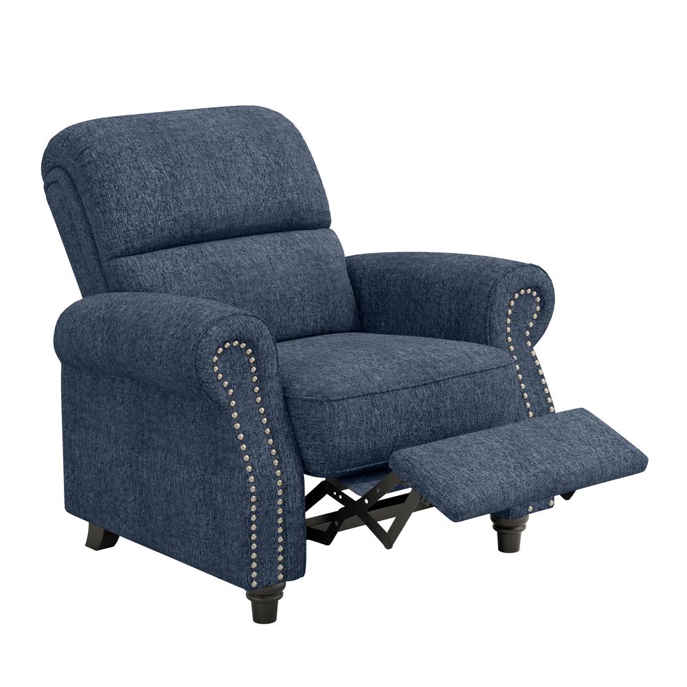 ProLounger Bustle-Back Pushback Recliner with Nailheads in Blue Chenille. Picture 1