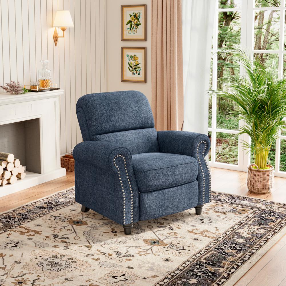ProLounger Bustle-Back Pushback Recliner with Nailheads in Blue Chenille. Picture 8