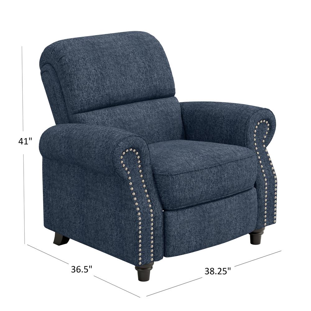 ProLounger Bustle-Back Pushback Recliner with Nailheads in Blue Chenille. Picture 7