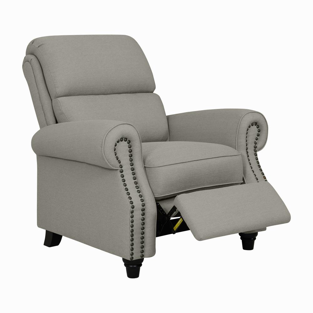 ProLounger Bustle-Back Pushback Recliner with Nailheads in Dove Grey Linen. Picture 1