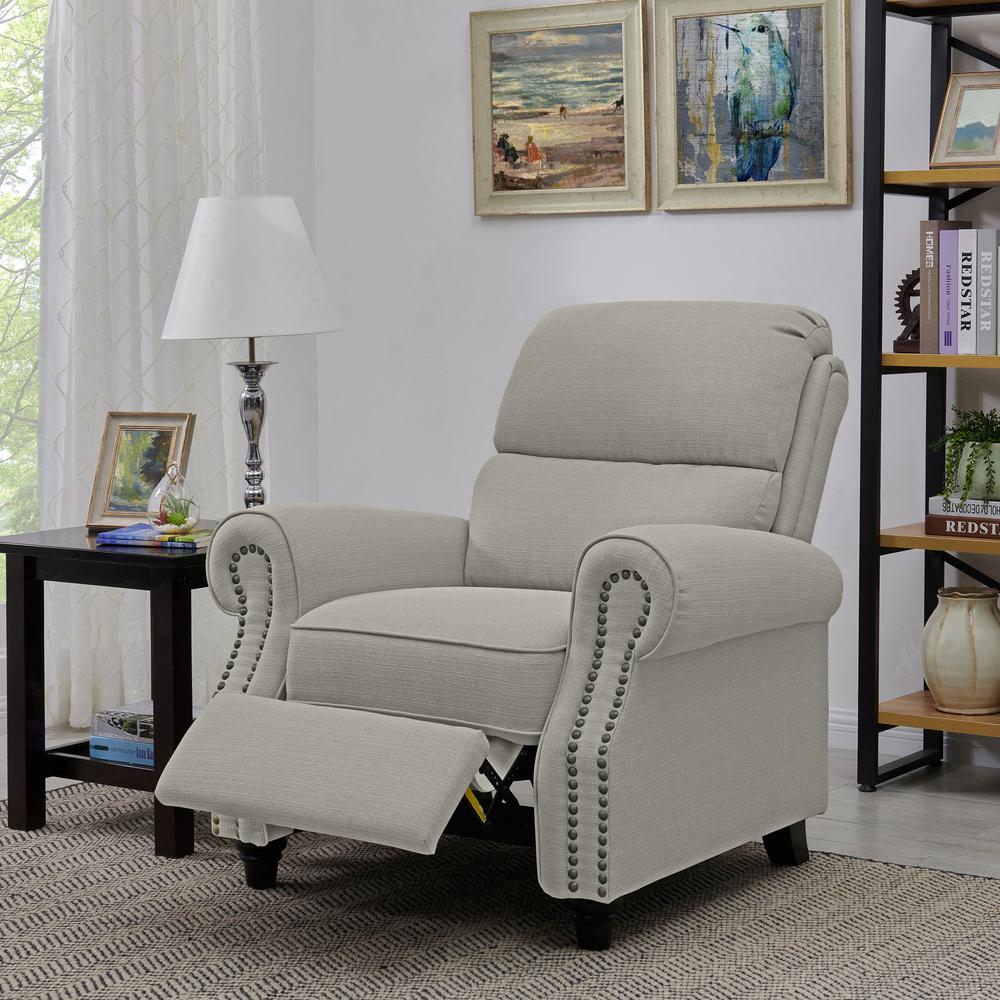 ProLounger Bustle-Back Pushback Recliner with Nailheads in Dove Grey Linen. Picture 10