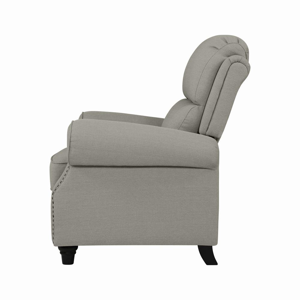 ProLounger Bustle-Back Pushback Recliner with Nailheads in Dove Grey Linen. Picture 6