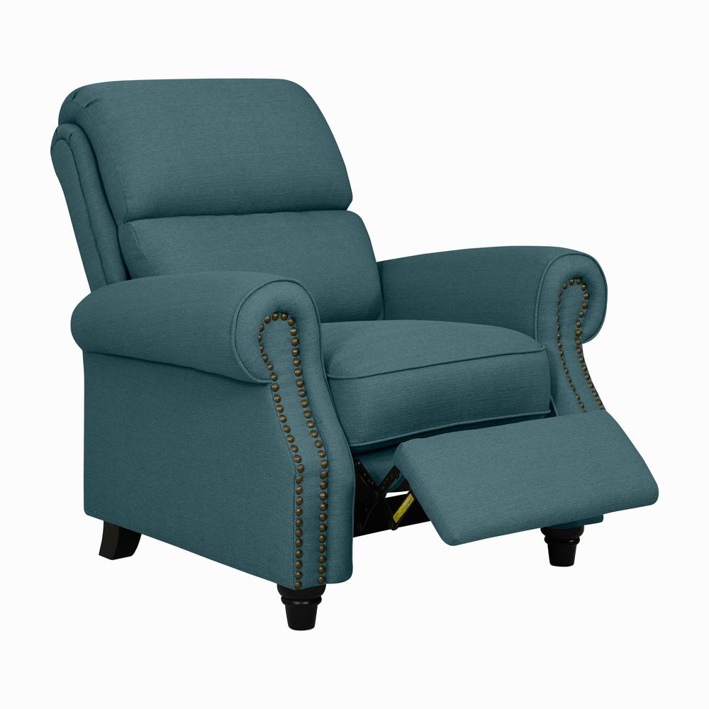 ProLounger Bustle-Back Pushback Recliner with Nailheads in Caribbean Blue Linen. Picture 1