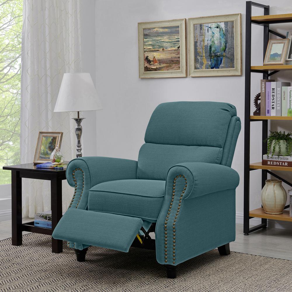 ProLounger Bustle-Back Pushback Recliner with Nailheads in Caribbean Blue Linen. Picture 10