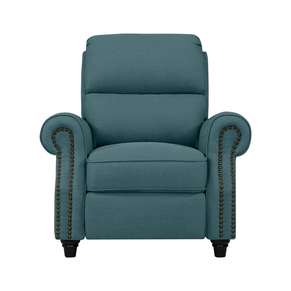 ProLounger Bustle-Back Pushback Recliner with Nailheads in Caribbean Blue Linen. Picture 2