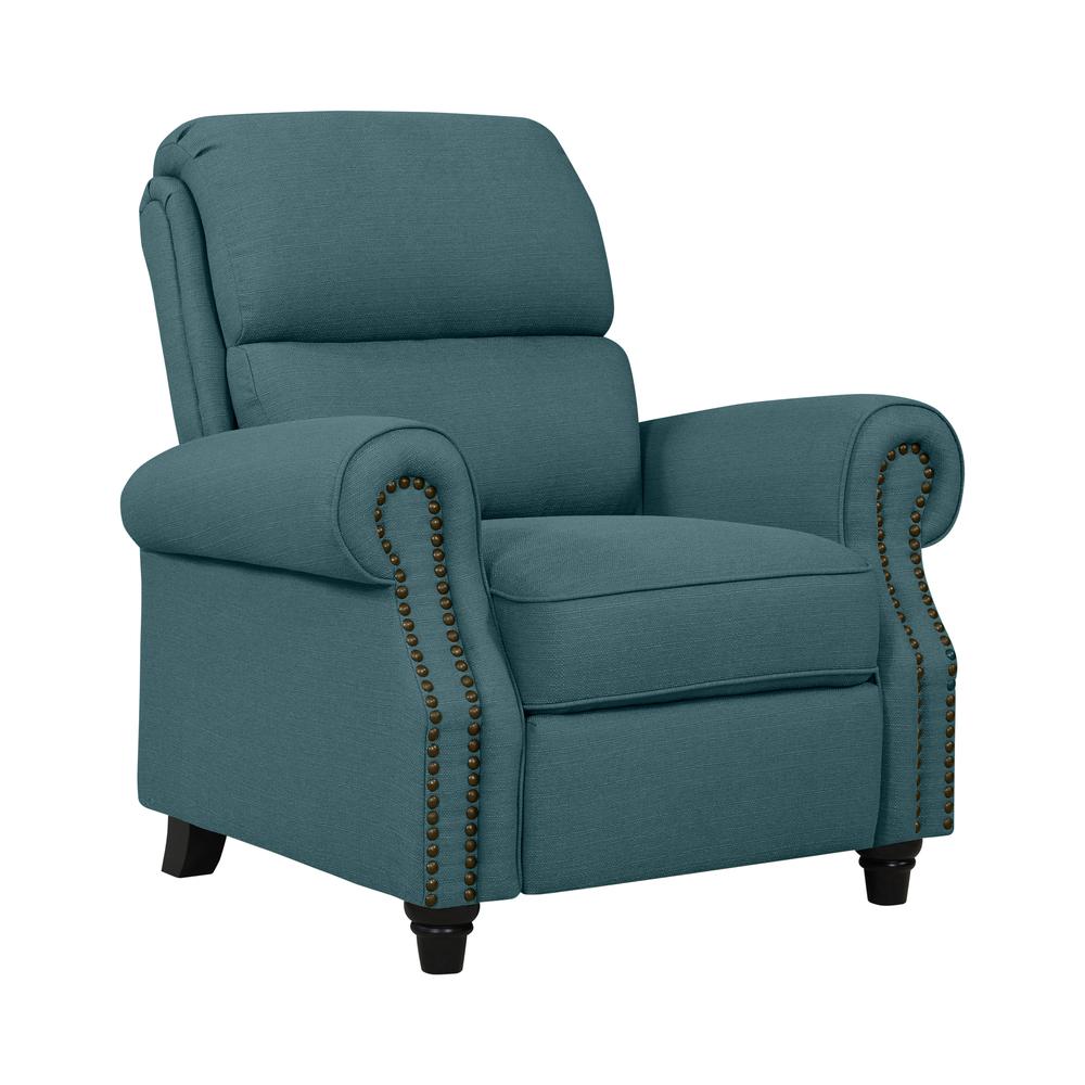 ProLounger Bustle-Back Pushback Recliner with Nailheads in Caribbean Blue Linen. Picture 3