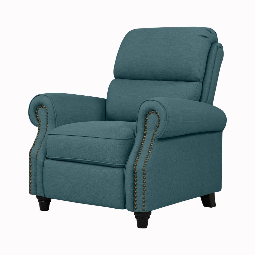 ProLounger Bustle-Back Pushback Recliner with Nailheads in Caribbean Blue Linen. Picture 4