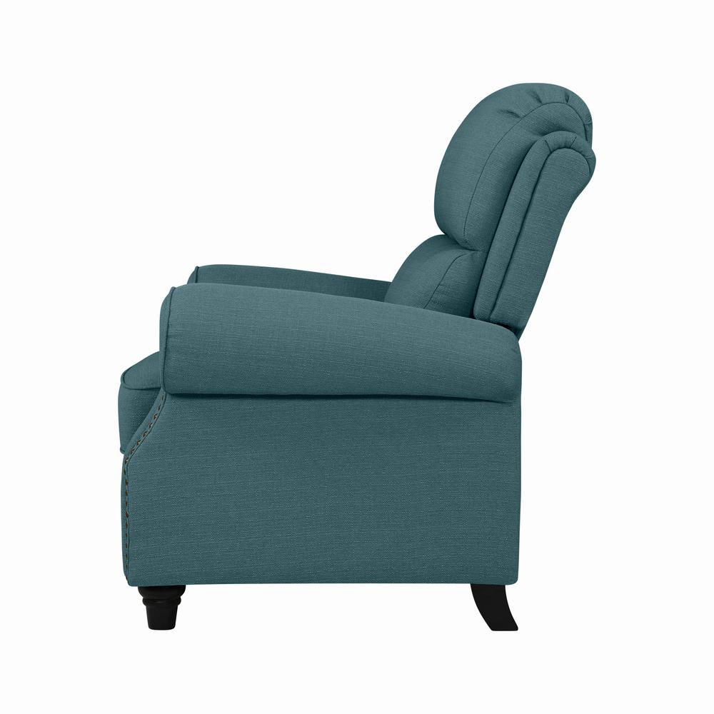 ProLounger Bustle-Back Pushback Recliner with Nailheads in Caribbean Blue Linen. Picture 6